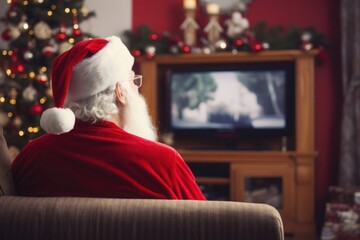 Santa watching TV sitting in a chair in a living room - obrazy, fototapety, plakaty