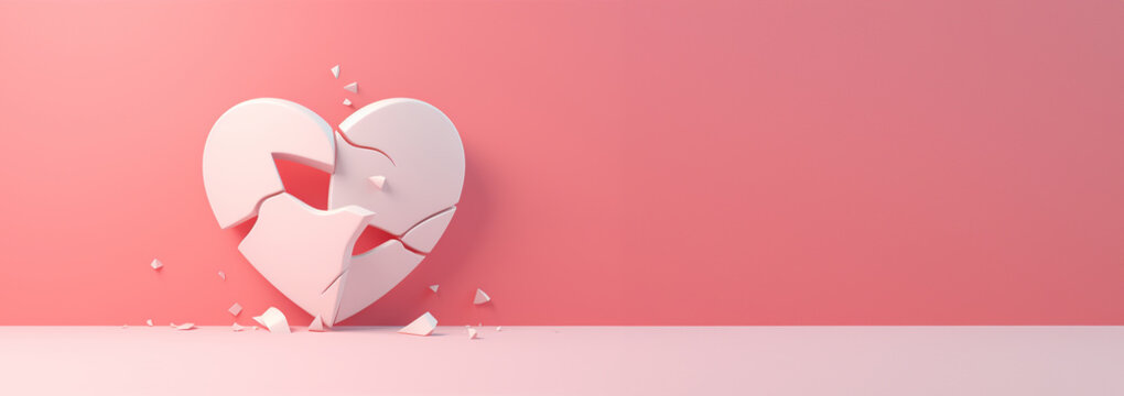 broken heart 3D animation pastel pink colored isolated on pink background, divorce, depression and breakup concept, crying, medical cardiovascular health care problems concept with copy space