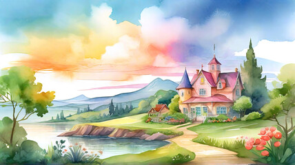 Naklejka premium Watercolor summer idyllic landscape, fields and meadows full of flowers, children story book style illustration.