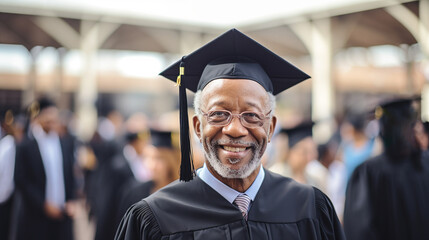 Fototapeta premium Happy senior African American graduate man with cap and glasses looking at the camer