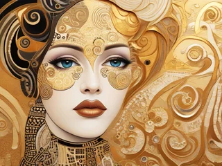 Fotobehang Abstract art with beautiful woman portrait, gold mosaic design vintage flat art concepts, modern abstract art illustration. © Cobalt