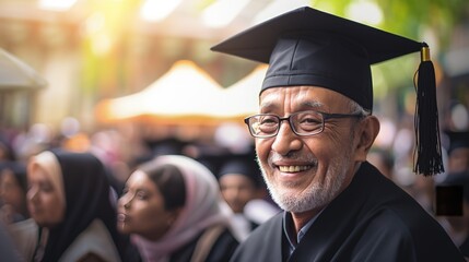 Happy graduate senior muslim man with cap and glasses looking at the camera