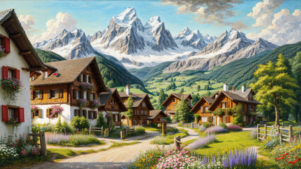 Fototapeta na wymiar Idyllic countryside summer landscape with wooden old houses, beautiful flowers and trees with the Alp mountains in the background, oil painting on canvas