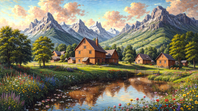 Idyllic countryside summer landscape with wooden old house near river, beautiful flowers and trees with mountains in the background, oil painting illustration.
