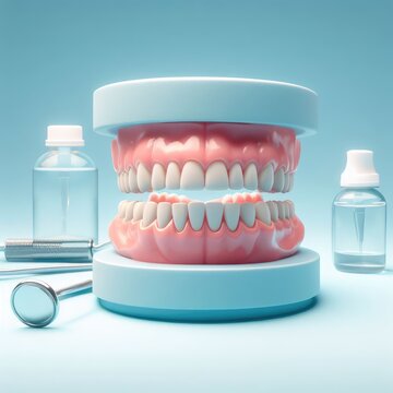 teeth and dental instruments on simple background