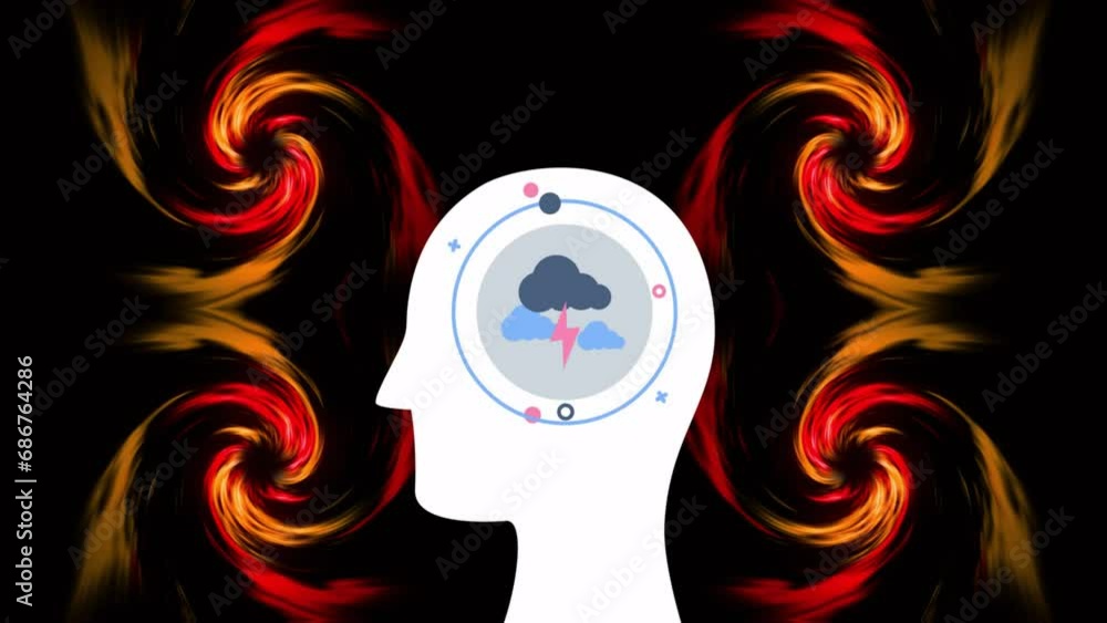 Poster animation of clouds and thunderstorm with circles in human head over dynamic spiral patterns