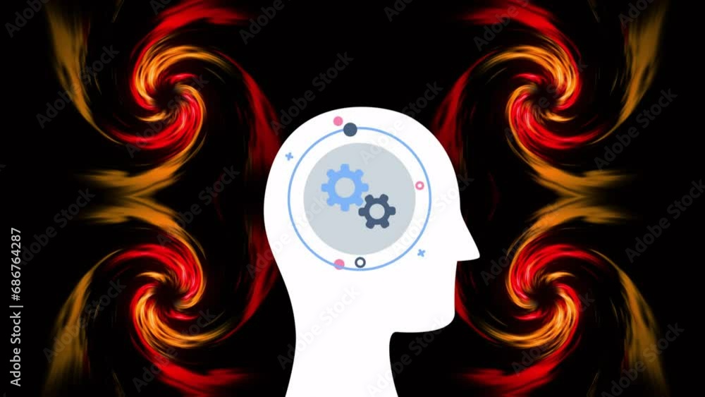 Poster animation of mechanicals gears with circles in human head over dynamic spiral patterns