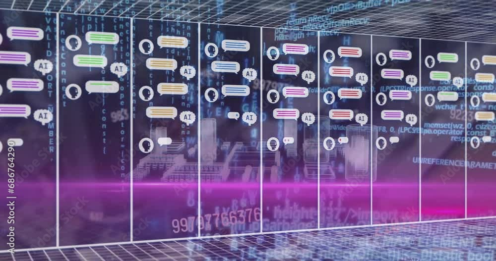 Poster animation of chat boxes with ai texts, computer language and numbers over 3d model of buildings
