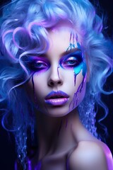 Naklejka premium beautiful fantasy woman with fairy tale purple and blue neon glow makeup, fashionable female with fairy make-up, beauty and fashion portrait