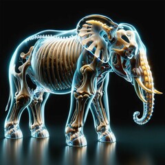 A elephant with a transparent body in which you can see internal organs and bones in detail. AI generated.