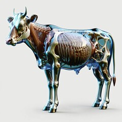 A cow with a transparent body in which you can see internal organs and bones in detail. AI generated.
