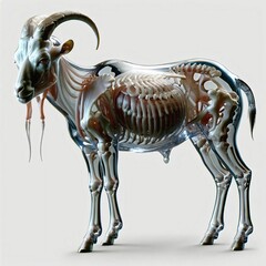 A goat with a transparent body in which you can see internal organs and bones in detail. AI generated.
