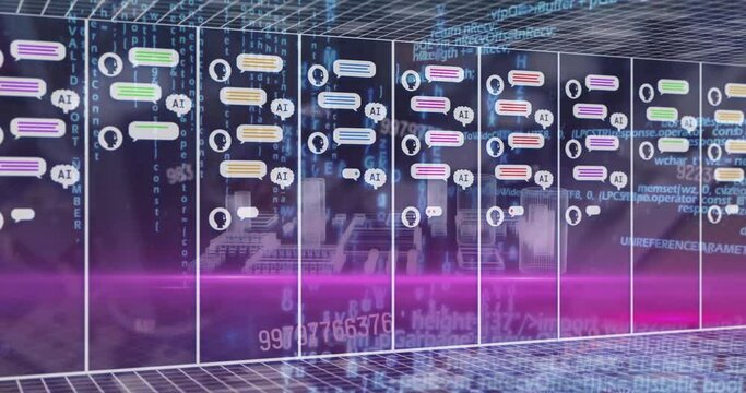 Animation of chat boxes with ai texts, computer language and numbers over 3d model of buildings