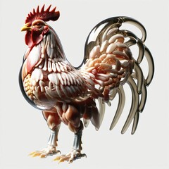 A rooster with a transparent body in which you can see internal organs and bones in detail. AI generated.