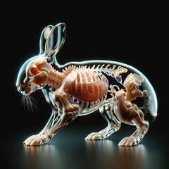 A rabbit with a transparent body in which you can see internal organs and bones in detail. AI generated.