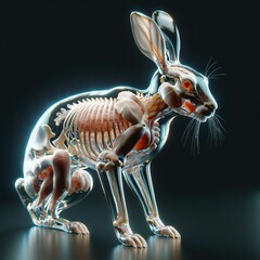 A hare with a transparent body in which you can see internal organs and bones in detail. AI generated.