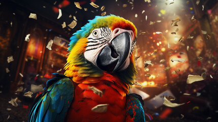 Very happy colourful bright macaw parrot takes out a lucky ticket of lottery - obrazy, fototapety, plakaty