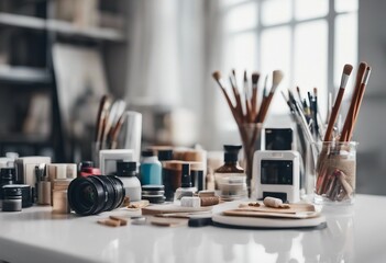 Creative background with art supplies on white table