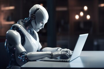An Artificial Intelligence (AI) powered Robot sitting on a desk, working and typing, using a laptop in a modern workspace or office.