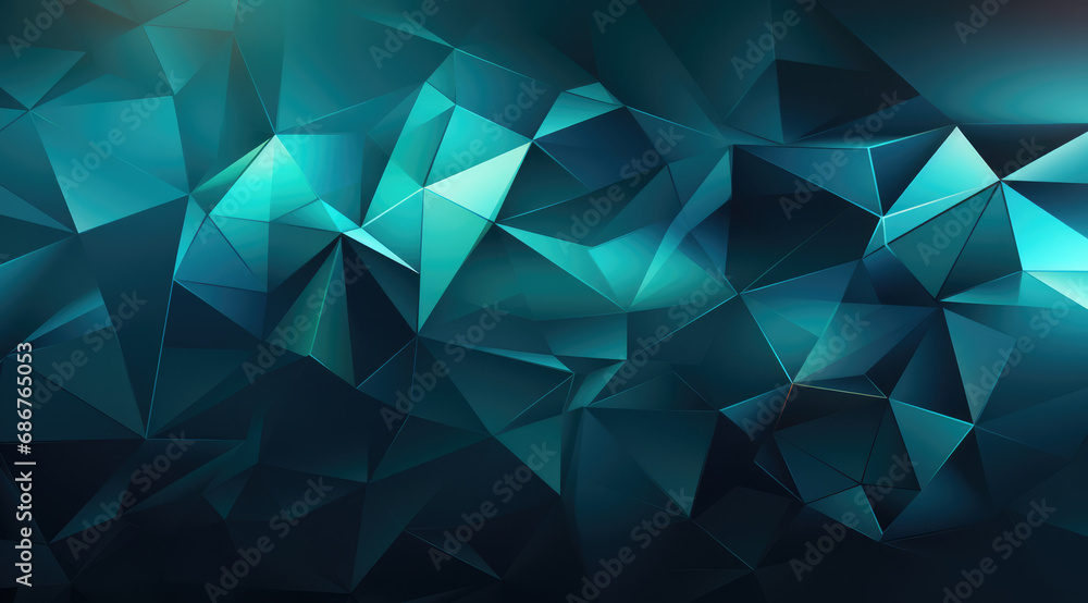 Poster Abstract Cyan triangles forming a sharp, textured 3D surface with a warm glow.