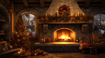 Obraz premium Cozy Fireplace Scene on Silvester Night, Warm Glow, Celebration, Festive, Event