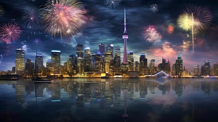Cityscape Illuminated by Vibrant Fireworks, Illuminating, Night, Celebration, Explosive