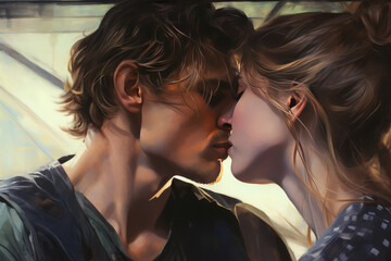 Close-up portrait of a young man and woman kissing in love, passion, love, lovers kissing, nose to nose.