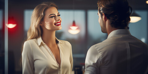 Sexy woman in white shirt with bright makeup and red lips talk, smirk and flirt in an office with a man in a suit. Office romance, mistress coworker.