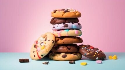 Assorted Cookies on Pastel Background, pastel-colored background, delightful presentation, delightful presentation, colorful