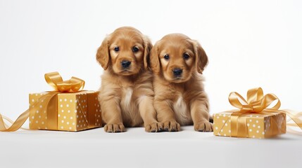 Two cute retriever puppies and gift boxes