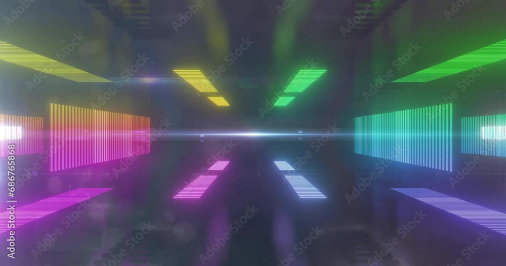 Poster animation of multicolored lines moving in tunnel against black background