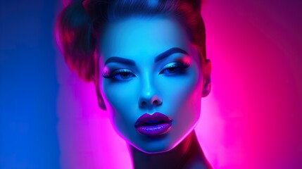 beauty and fashion portrait of woman in ultraviolet light, beautiful female with futuristic makeup, vivid uv makeup