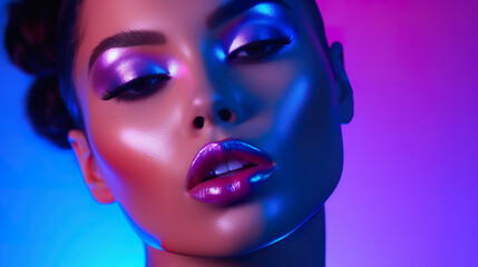 beauty and fashion portrait of woman in ultraviolet light, beautiful female with futuristic makeup, vivid uv makeup