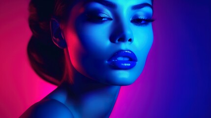 beauty and fashion portrait of woman in ultraviolet light, beautiful female with futuristic makeup, vivid uv makeup