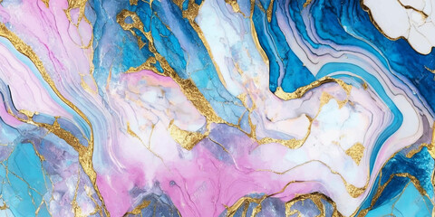  Fluid art painting in alcohol ink technique, luxury abstract mixture of teal blue pink white gold paints.Imitation of marble stone cut,glowing glitter golden foil veins.Watercolor background