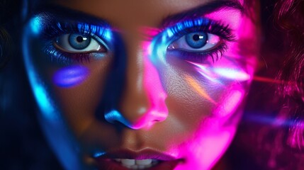 young beautiful woman with blue neon glowing eyes closeup portrait, female with stylish purple and blue makeup 