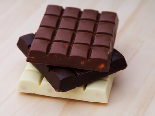 Milk, dark and white chocolate bars in stack on a wooden background.