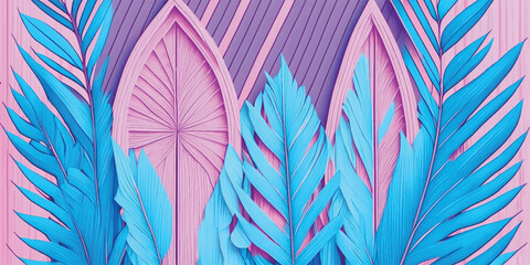 Obraz premium Background with palm leaves.Tropical exotic floral botanical pastel pink blue vector gradient palm leaves banner background.Wallpaper.Card.Design surface.Fashion frame.Summer.