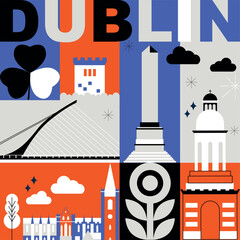 Typography word Dublin branding technology concept. Culture travel set, famous architectures, lat design. Ireland Business travel, tourism idea. Image for presentation, banner, web, split video screen