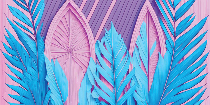 Background with palm leaves.Tropical exotic floral botanical pastel pink blue vector gradient palm leaves banner background.Wallpaper.Card.Design surface.Fashion frame.Summer.