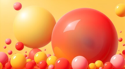 Abstract backgrounds with 3D spheres that move. Bubbles in pastel red and yellow plastic. Illustration of glossy soft balls in vector format. Design of a stylish modern banner or poster