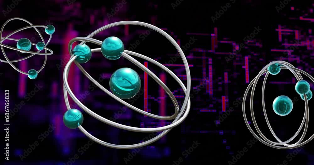 Aufkleber animation of 3d model of atoms and dynamic line pattern over black background