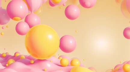 Abstract backgrounds with 3D spheres that move. Bubbles in pastel pink and yellow plastic. Illustration of glossy soft balls in vector format. Design of a stylish modern banner or poster