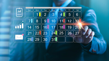 Businessman manages time for effective work. Businessman with calendar meeting schedule marking note target date appointing reminder appointment calendar for organizer agenda time. schedule activity. - obrazy, fototapety, plakaty