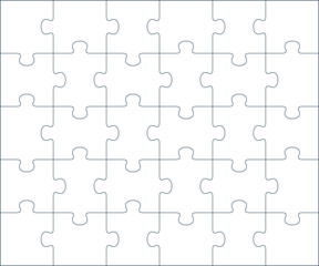 Puzzle blank pieces template or cutting outline guidelines of 30 pieces, 6 x 5 tiles vector jigsaw game - obrazy, fototapety, plakaty