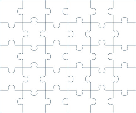 Puzzle blank pieces template or cutting outline guidelines of 30 pieces, 6 x 5 tiles vector jigsaw game