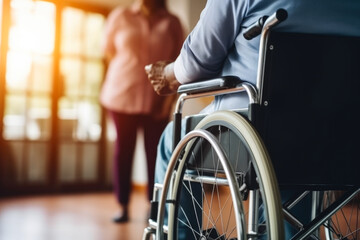 Obraz premium Close-up of a wheelchair with a person standing by, symbolizing support and accessibility