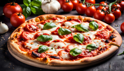 Tasty pizza closeup in a set composition of food photography. - obrazy, fototapety, plakaty