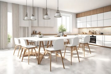 Fototapeta na wymiar Table with chairs, modern kitchen, white color background