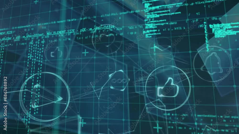 Poster animation of icons in circle, geometric shape and computer language over abstract background